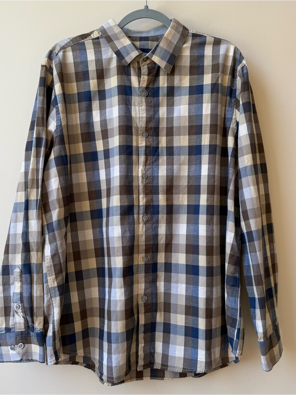 Tasso Elba Button-Down Shirt Mens XL Cotton Tan, Brown, Navy, Fall, Thanksgiving